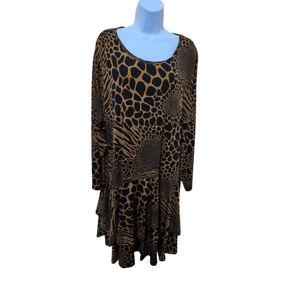 Animal Print Dress 3X Long Sleeve Brown & Black mob wife  grannycore office wear